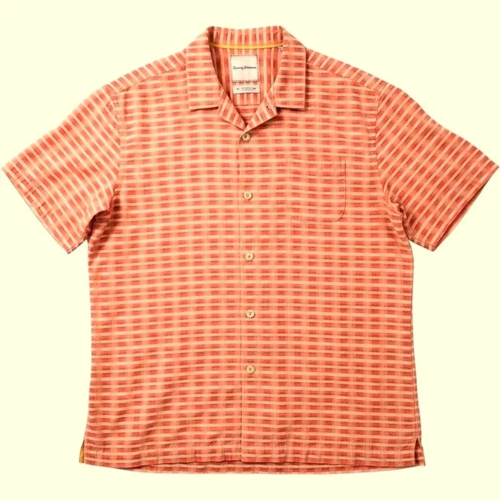 Tommy Bahama Silk Camp Shirt Mens XL Orange Coral Plaid Hawaiian Island Resort